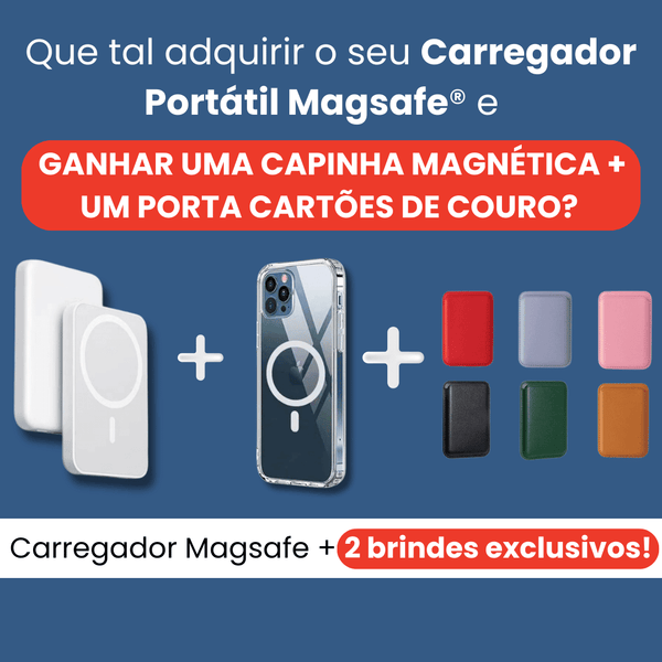 Carregador Portátil Magnético Magsafe® para Iphone + Capinha Magnética Magsafe® + Porta-Cartões de Couro Magnético - Conectta Web